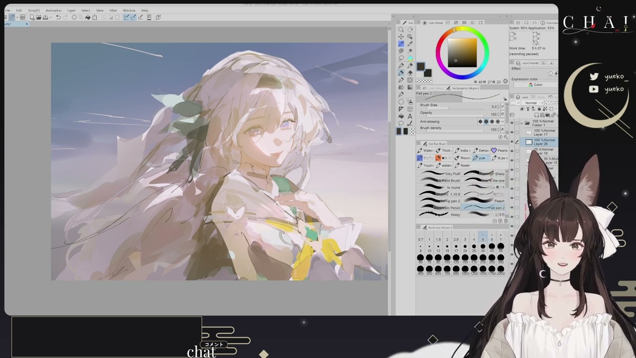 Firefly with long silver hair painted in soft morning light
