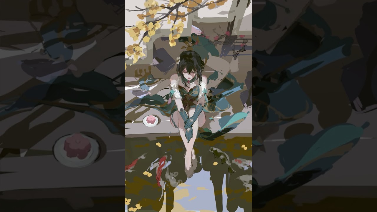 Girl in green sitting over a koi pond under golden ginkgo branches