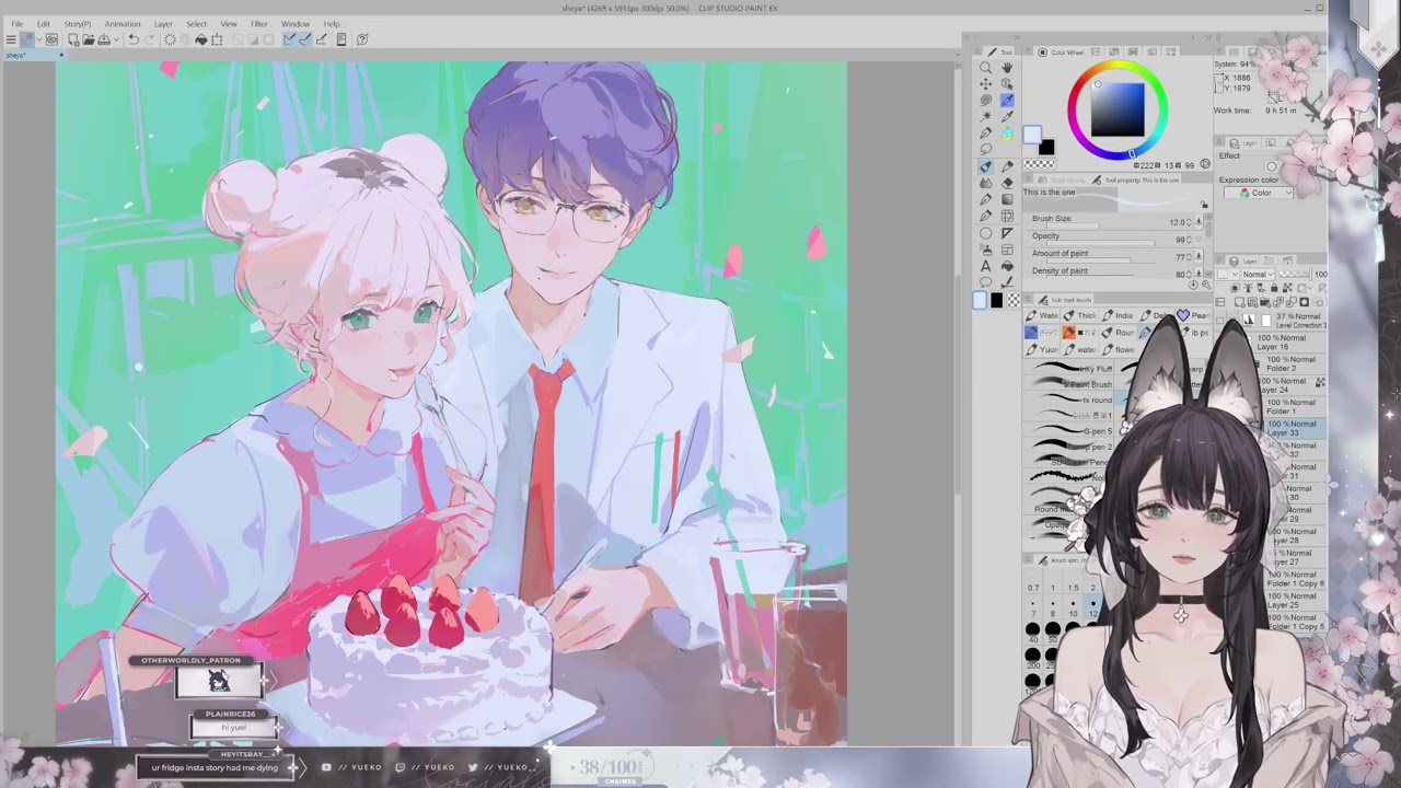 Two characters sharing a strawberry cake, painted live for sheya