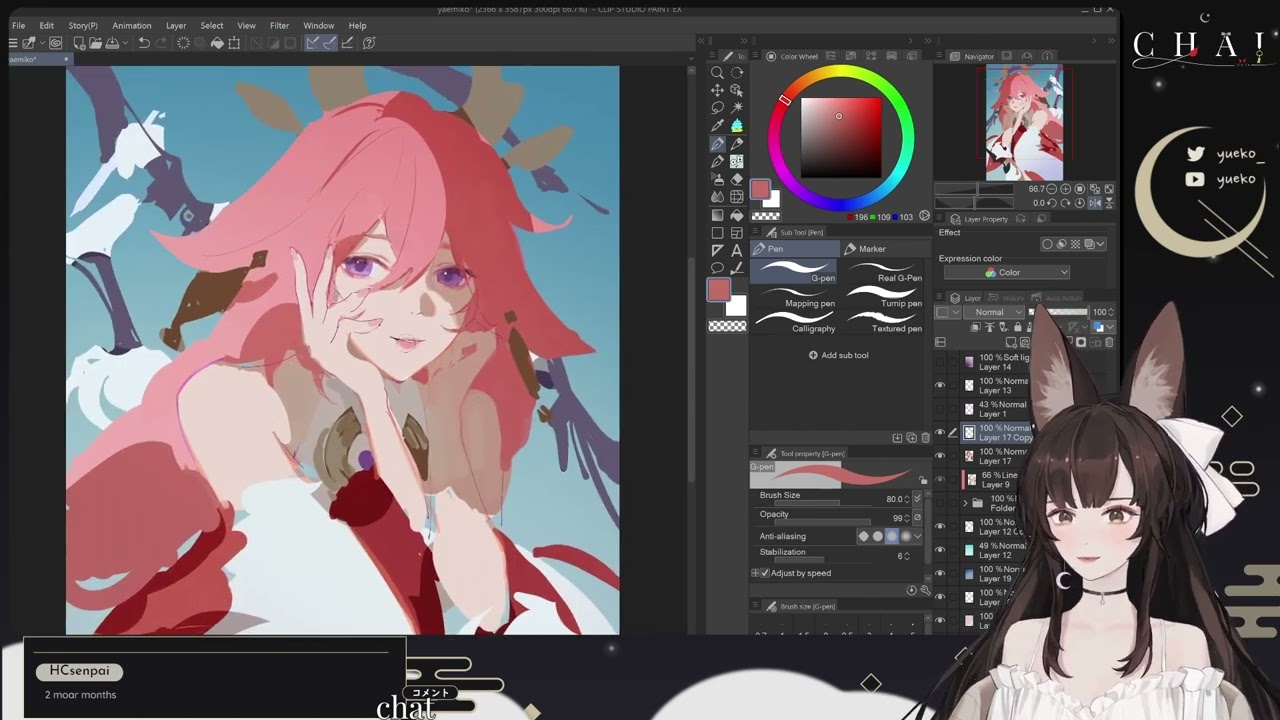 Yae Miko with long pink hair against a sky blue background, mid flats